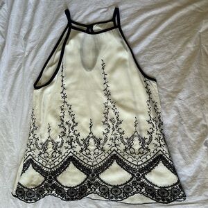Cream Top with Navy Blue Embroidery and Keyhole Detail